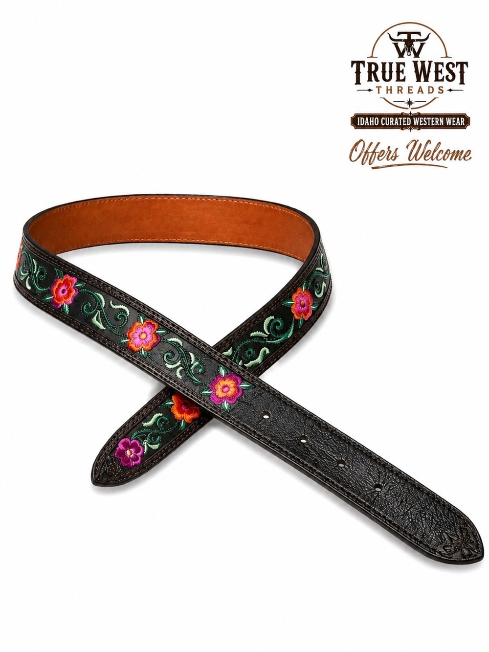 Justin Western Floral Embroidered Leather Belt Black “No Buckle” Size 30”